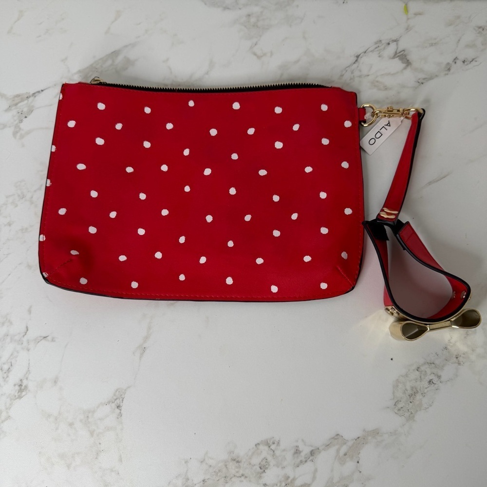 Aldo red and white polka dot wearable wristlet clutch bag vegan faux leather